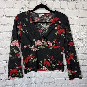 Fashion Bug Vintage Y2K 90s V-Neck Bell Sleeves Black Floral Lace Top Size Large